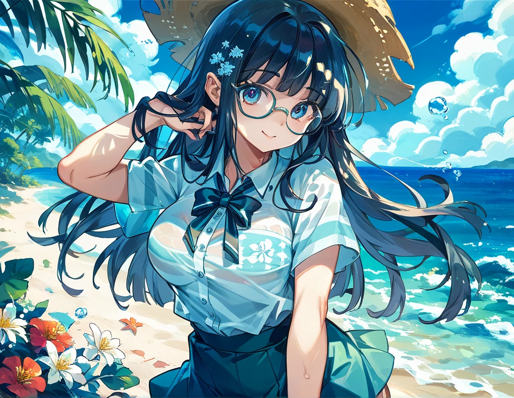  sticking to the shirt、Her breasts are visible through her blue and white striped shirt、Blue flared skirt、She lifts her skirt to reveal her cute white lace underwear、Girl with long black hair and glasses、whole body、Sandy beach and blue sky