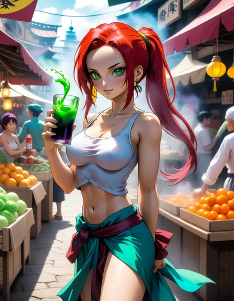 anime manga in 4d vivid colors high quality sombria art sexy jack sparrow + bulma dbz fênix portrait front view of a girl standi...