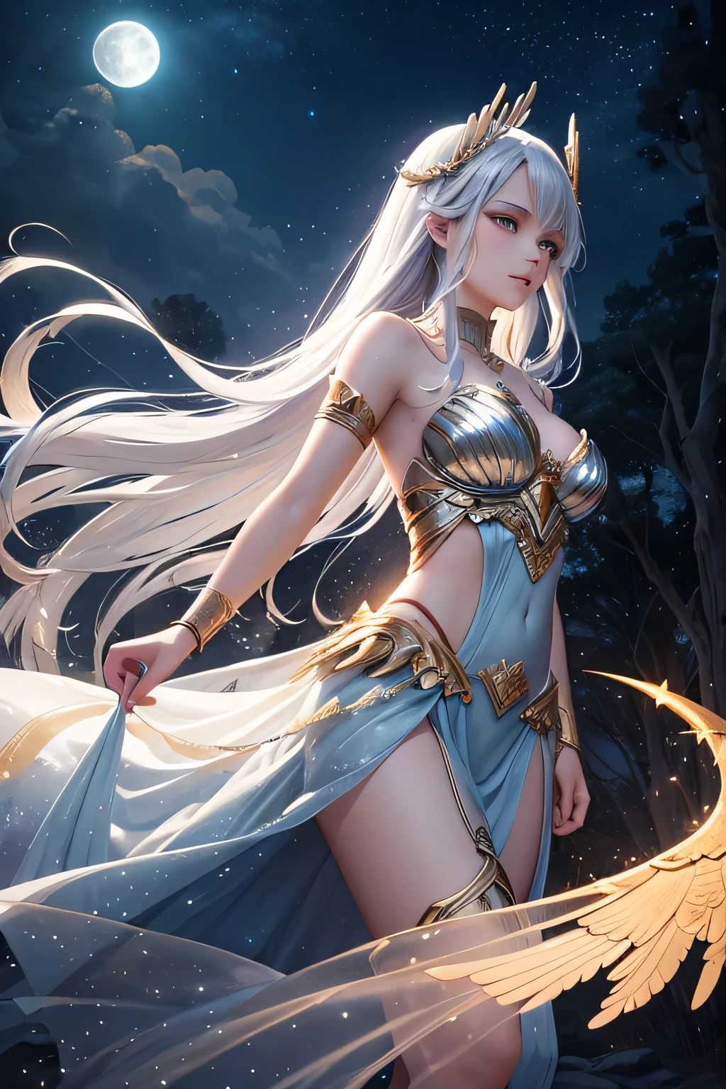 A stunning Valkyrie performs a mystical dance under the starry night sky to honor and guide the souls of her fallen comrades to the heavens. She is dressed in shimmering, ethereal armor that glows softly in the moonlight, with delicate, flowing fabric that sways with her movements. Her long, flowing hair and majestic wings catch the silver moonlight, creating an otherworldly glow. The background features a dark, star-filled sky with the moon casting a gentle light over the scene, and the shadows of the surrounding forest adding depth and mystery. The air is filled with a sense of solemnity and magic as the Valkyrie’s dance weaves together the earthly and the celestial, creating a bridge for the souls to ascend.