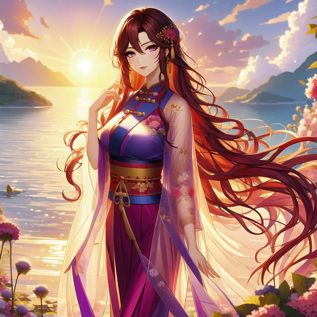 (masterpiece, best quality:1.2), 1 women, xian mei, solo, 18 year, chinese clothes, ultra long purple skirt, purple eyes, long dark red-black curly hair, jewellery, perfect anatomy, purple hanfu, 
