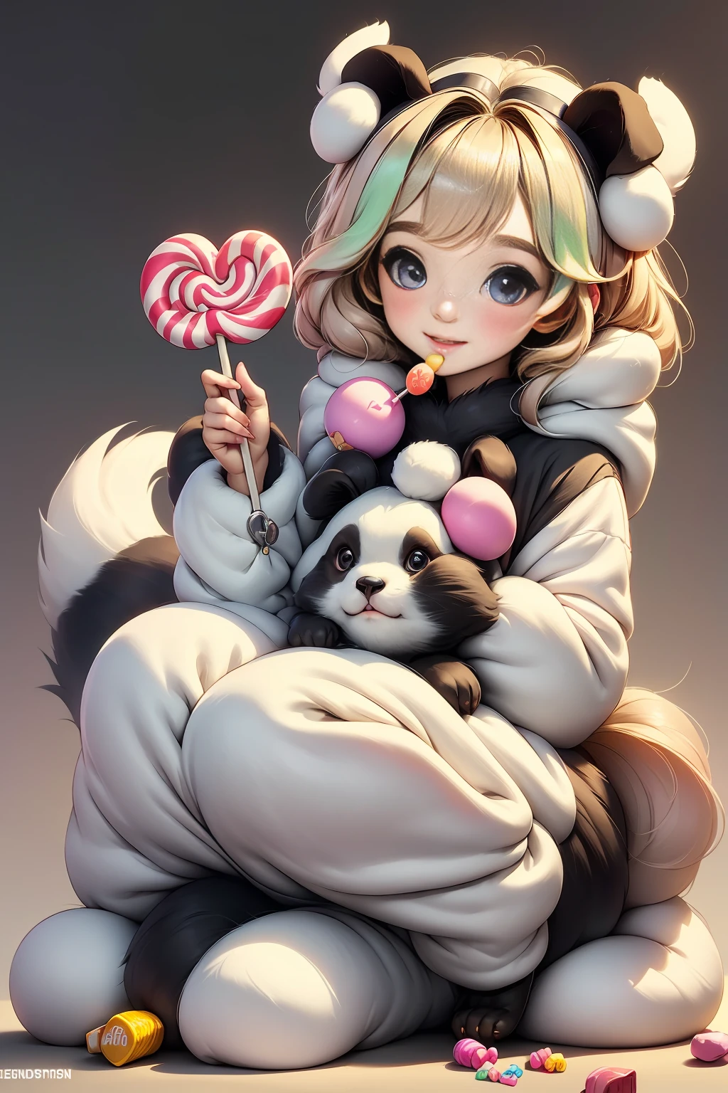 wide shot, centered, full body, ((a cute anime boy dressed as a panda bear (black and white costume):1.4, sitting and eating candy:1.3, dynamic pose, (dog begging for candy:1.3), highly detailed, 8K, HD, adorable, high quality, photorealistic, colorful, vibrant, soft lighting, plush panda costume, messy hair, round cheeks, big eyes, detailed facial features, cheerful expression, playful, whimsical, intricate details, lollipops, candy, textured fur, fluffy panda ears, paws, wagging dog tail, anticipation, cute, heartwarming, endearing