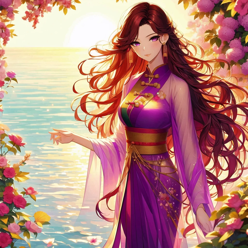 (masterpiece, best quality:1.2), 1 women, xian mei, solo, 18 year, chinese clothes, ultra long purple skirt, purple eyes, long dark black curly hair, jewellery, perfect anatomy, dark purple hanfu, 
