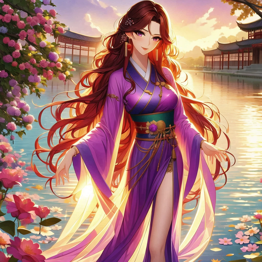 (masterpiece, best quality:1.2), 1 women, xian mei, solo, 18 year, chinese clothes, ultra long purple skirt, purple eyes, long dark black curly hair, jewellery, perfect anatomy, dark purple hanfu, 
