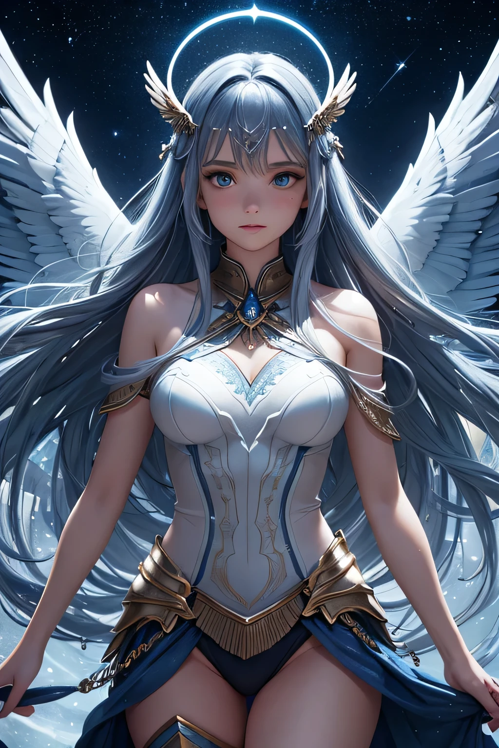 A stunning Valkyrie performs a mystical dance under the starry night sky to honor and guide the souls of her fallen comrades to the heavens. She is dressed in shimmering, ethereal armor that glows softly in the moonlight, with delicate, flowing fabric that sways with her movements. Her long, flowing blue hair and majestic wings catch the silver moonlight, creating an otherworldly glow. The background features a dark, star-filled sky with the moon casting a gentle light over the scene, and the shadows of the surrounding forest adding depth and mystery. The air is filled with a sense of solemnity and magic as the Valkyrie’s dance weaves together the earthly and the celestial, creating a bridge for the souls to ascend.