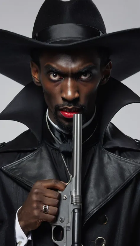 a skinny black man as dracula holding a gun, his face covered with hat