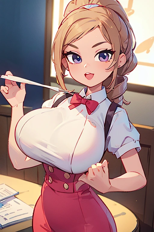 ((masterpiece)) , ((no deformities)), best quality, 4k, My friend's Barbie milf mom in her waitress uniform, bigger breasts 