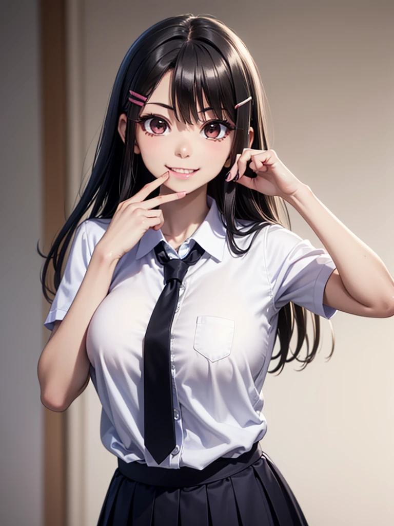 great quality ++ Extremely detailed high resolusionolution, (((very aesthetic))), expressive eyes, (((perfect face))), (((((face symmetrical))))), ((((perfect face)))), (((((good anatomy))))), (((perfect hands))), (((8k)))), UHD, HD wallpaper, (((high detailed calidra, (((((1girl)))))), only, ((((Masterpiece)))), ((((Best quality))))), ((((high resolution)))), Highly detailed, (illustration), beautiful detailed eyes, (((combatant))), (((1girl)))), (((illyasviel von einzbern))), (((brown eyes))), (((black hair))), (((long hair))), (((dark skin))), (((dark-skinned female))), (((tan))), (((tanlines))), (((hairclip))), (((white shirt))), (((collared shirt))), (((pleated skirt))), ((((fang)))), (((asymmetrical body))), (((asymmetrical hair))), (((asymmetrical clothes))), (((adult body))), (((milfication))), (((mature female))), (((((big breasts))))), ((((Blurred smile)))), ((((hand in mouth)))),
