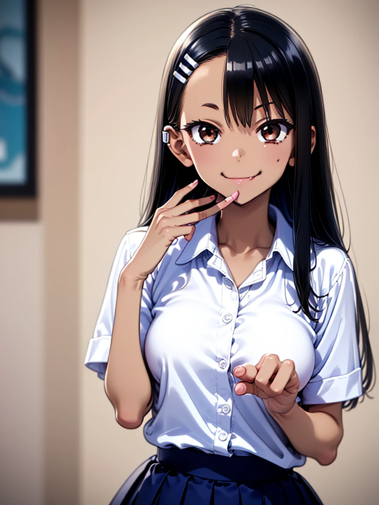 great quality ++ Extremely detailed high resolusionolution, (((very aesthetic))), expressive eyes, (((perfect face))), (((((face symmetrical))))), ((((perfect face)))), (((((good anatomy))))), (((perfect hands))), (((8k)))), UHD, HD wallpaper, (((high detailed calidra, (((((1girl)))))), only, ((((Masterpiece)))), ((((Best quality))))), ((((high resolution)))), Highly detailed, (illustration), beautiful detailed eyes, (((combatant))), (((1girl)))), (((illyasviel von einzbern))), (((brown eyes))), (((black hair))), (((long hair))), (((dark skin))), (((dark-skinned female))), (((tan))), (((tanlines))), (((hairclip))), (((white shirt))), (((collared shirt))), (((pleated skirt))), ((((fang)))), (((asymmetrical body))), (((asymmetrical hair))), (((asymmetrical clothes))), (((adult body))), (((milfication))), (((mature female))), (((((big breasts))))), ((((Blurred smile)))), ((((hand in mouth)))),
