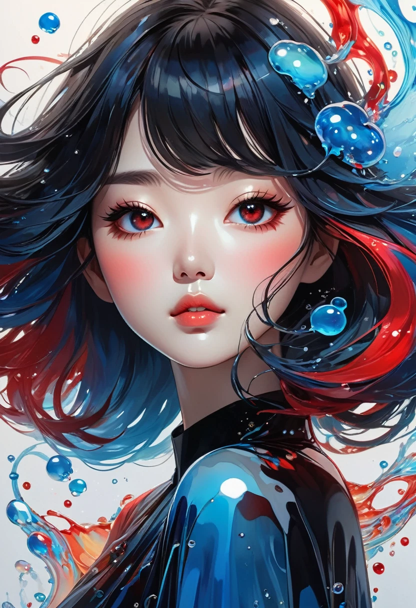 A beautifully drawn (((face))) depicting a (((Korean female artist))) with an (((interest in anime digital liquid art style))), exuding a sense of joy and wonder, with a (((transparent, jelly form))), color palette of ((((black, red, blue)))) with intricate details that give off a soft glow, contrasted against a (((minimalist, negative space backdrop))), emulating a surreal, dreamlike atmosphere, (((full body view)))