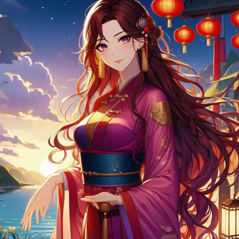 (masterpiece, best quality:1.2), 1 women, xian mei, solo, 18 year, chinese clothes, ultra long purple skirt, purple eyes, long b...