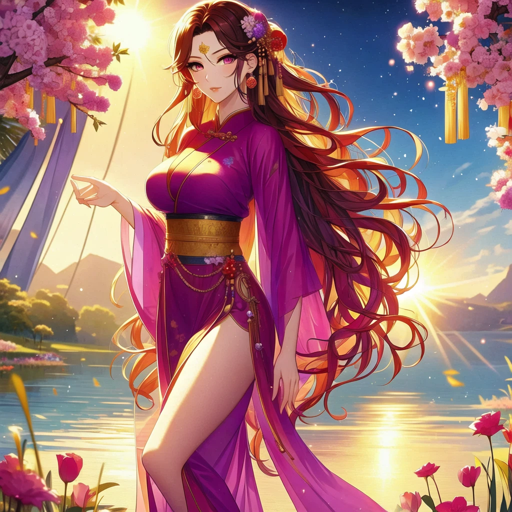 (masterpiece, best quality:1.2), 1 women, xian mei, solo, 18 year, chinese clothes, ultra long purple skirt, purple eyes, long black curly hair, jewellery, perfect anatomy, dark purple hanfu, 
