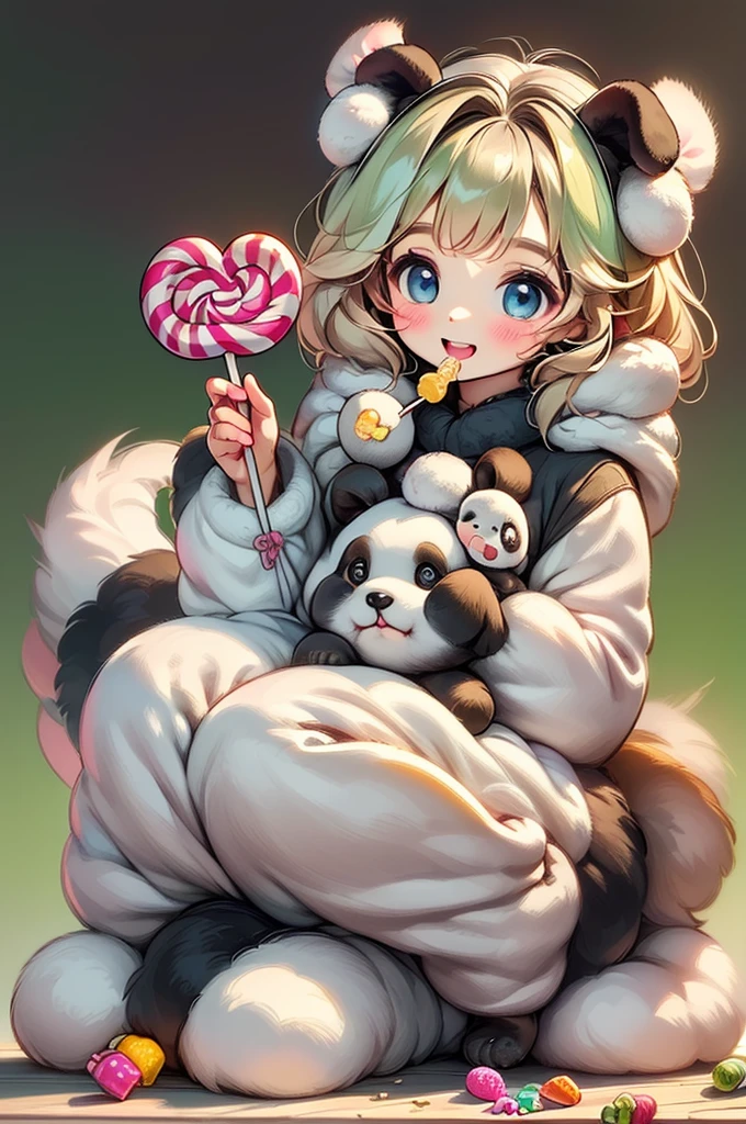 wide shot, centered, full body, ((a cute anime boy dressed as a panda bear (black and white costume):1.4, sitting and eating candy:1.3, dynamic pose, (dog begging for candy:1.3), highly detailed, 8K, HD, adorable, high quality, photorealistic, colorful, vibrant, soft lighting, plush panda costume, messy hair, round cheeks, big eyes, detailed facial features, cheerful expression, playful, whimsical, intricate details, lollipops, candy, textured fur, fluffy panda ears, paws, wagging dog tail, anticipation, cute, heartwarming, endearing