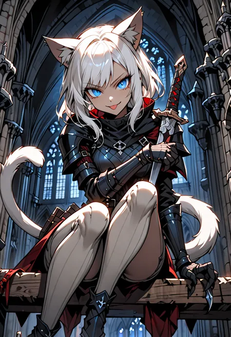 solo female, close up, short white hair, blue eyes, assassin, tongue out, cat tail, cat ears, slit pupils, sinister smile, light...