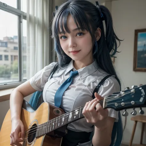 ((masterpiece)), ((best quality)), (ultra-detailed), live performance venue, a cute girl, 1girl, solo, playing the guitar00, mai...