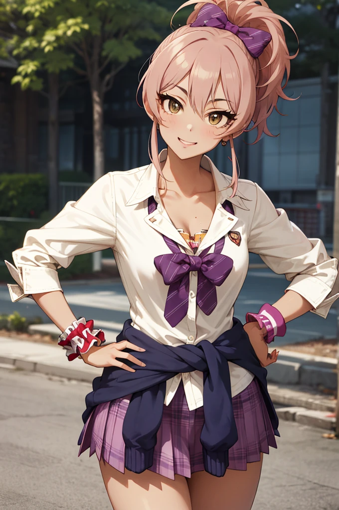 masterpiece, best quality, highres, aamika, ponytail, hair bow, collarbone, , striped, bowtie, collared shirt, white shirt, sleeves rolled up, wrist scrunchie,, clothes around waist, plaid skirt, purple skirt, standing, cowboy shot, outdoors, hands on hips, smile,tanned body,,(((Gyaru)))