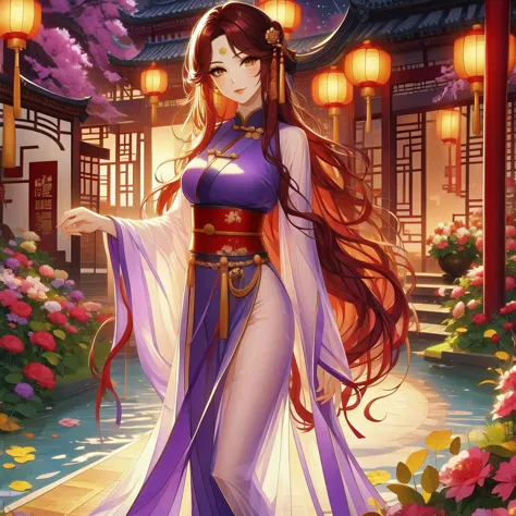 (masterpiece, best quality:1,2), 1 female, xian mei, solo, 18 years old, chinese clothes, ultra long purple skirt, purple eyes, ...