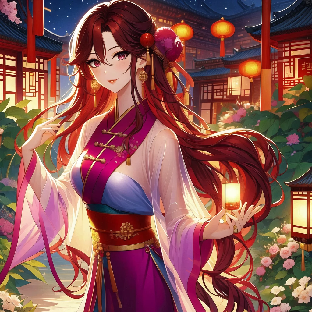 (masterpiece, best quality:1,2), 1 female, Xian mei, solo, 18 years old, Chinese clothes, ultra long purple skirt, purple eyes, long black curly hair, bangs, jewelry, perfect anatomy, dark purple hanfu,