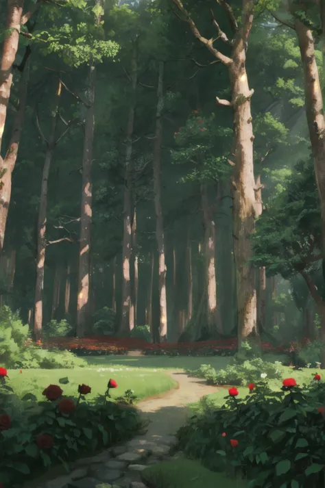 Unrealistic forest with many roses