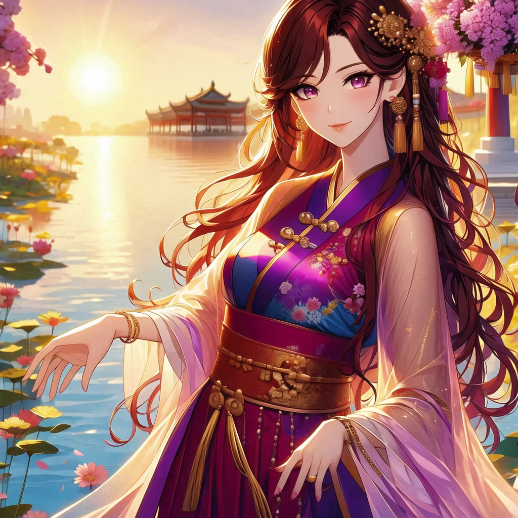 (masterpiece, best quality:1,2), 1 female, Xian mei, solo, 18 years old, Chinese clothes, ultra long purple skirt, purple eyes, black curly hair, bangs, jewelry, perfect anatomy, dark purple hanfu,