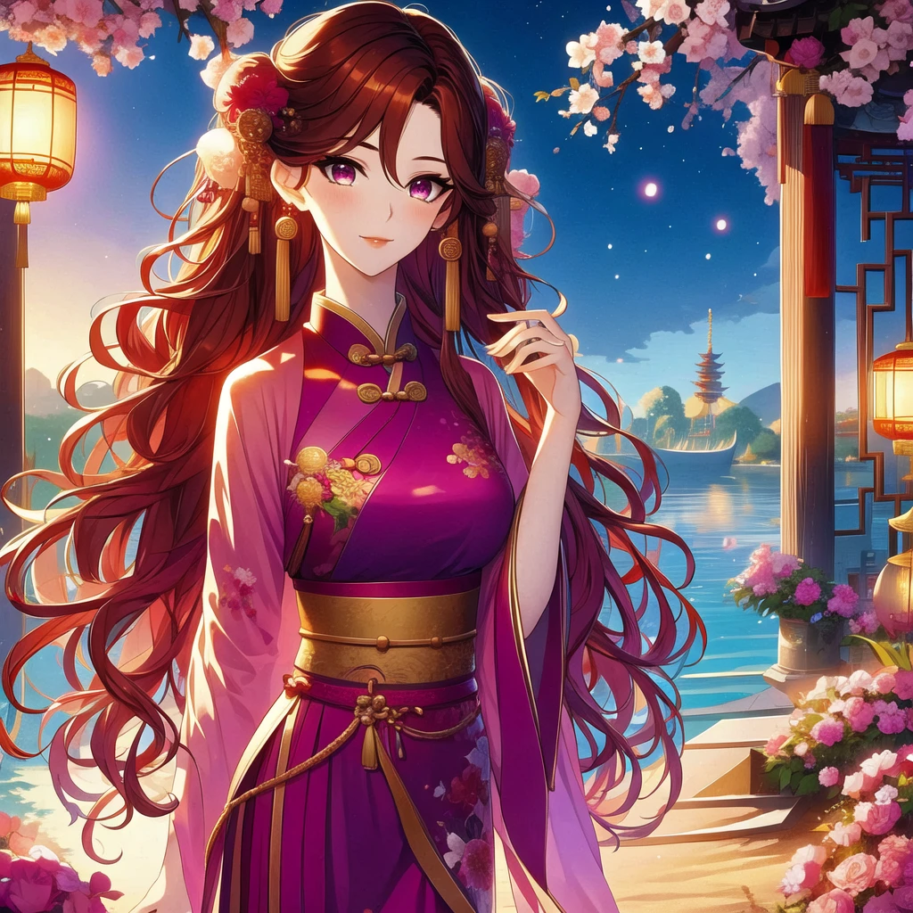 (masterpiece, best quality:1,2), 1 female, Xian mei, solo, 18 years old, Chinese clothes, ultra long purple skirt, purple eyes, black curly hair, bangs, jewelry, perfect anatomy, dark purple hanfu,