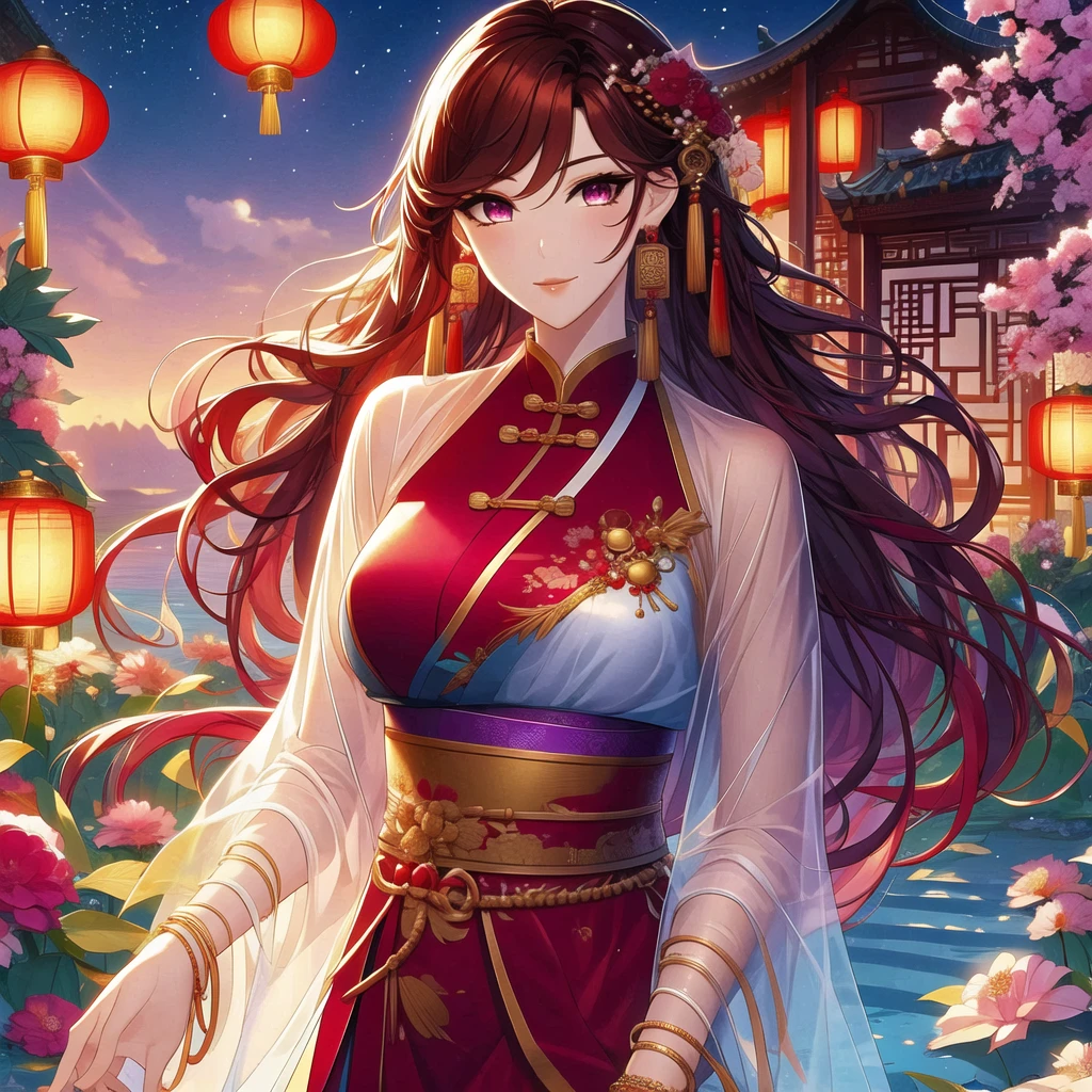 (masterpiece, best quality:1,2), 1 female, Xian mei, solo, 18 years old, Chinese clothes, ultra long purple skirt, purple eyes, black curly hair, bangs, jewelry, perfect anatomy, dark purple hanfu,