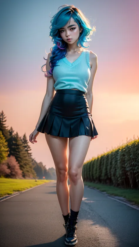 (cute russian girl running on footpath , (sleeveless sweater), micro miniskirt), (sweating:1.2), (wet), (full body:1.3) ,(1girl:...