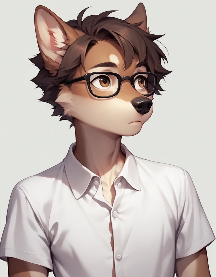 score_9,score_8_up,score_7_up, source_anime,  an Anthro furry male wolf, adult male, skinny, feminine, brown eyes, snout, black nose, short brown hair, black glasses, wearing white button up shirt, upper body shot, mouth closed,