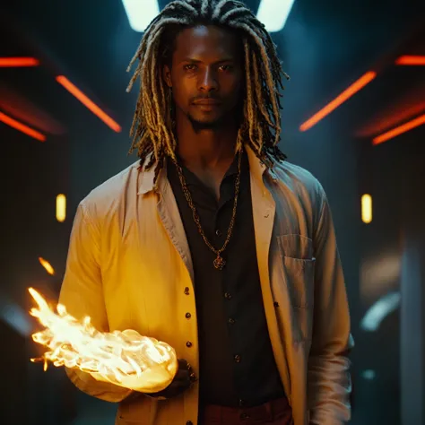 35mmm,sci-fi cinematic film, a young African American man with long white dreadlocks, 35mmm sci-fi cinematic movie scene,dark re...