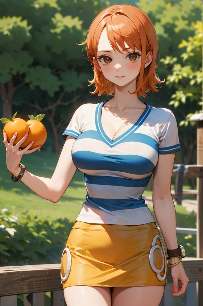 masterpiece, best quality, highres, nami (one piece), short hair, orange hair, brown eyes, cleavage, striped shirt, white shirt, short sleeves, bracelet, miniskirt, yellow skirt, standing, cowboy shot, outdoors,