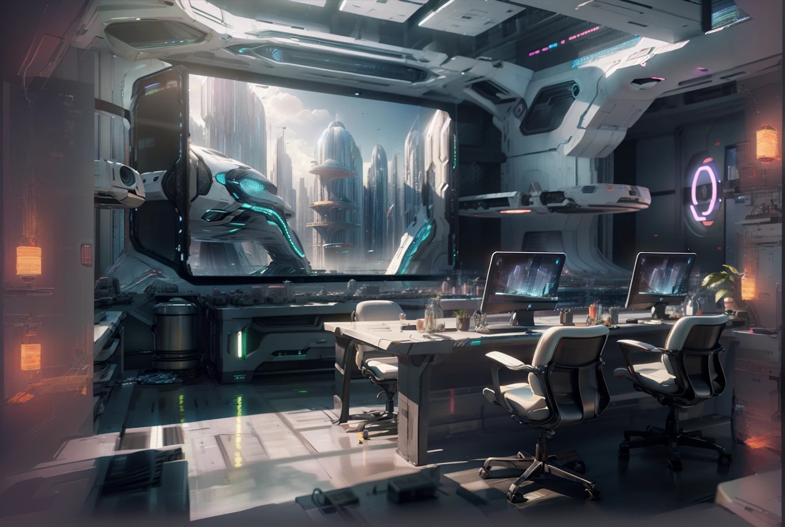 there is a room with a table and a monitor in it, Star Citizen concept art, High-detail 8K concept art, futurist laboratory, futurist setting, 4k detailed concept art, headquarters of the art station”, Future science fiction. CG game, concept art 8k, futurist. CG game, science fiction scenario, futurist concept art, futurist environment, concept art 4k