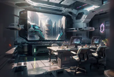 there is a room with a table and a monitor in it, Star Citizen concept art, High-detail 8K concept art, futurist laboratory, fut...