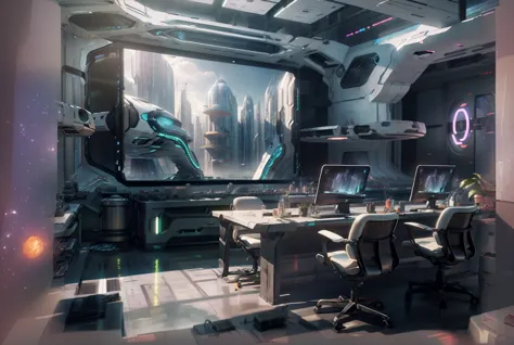 there is a room with a table and a monitor in it, Star Citizen concept art, High-detail 8K concept art, futurist laboratory, fut...