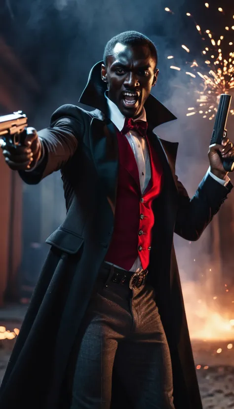 a skinny black man as dracula holding a gun, his face covered with hat, action pose, irregular cinematic shot, bullets scatterin...