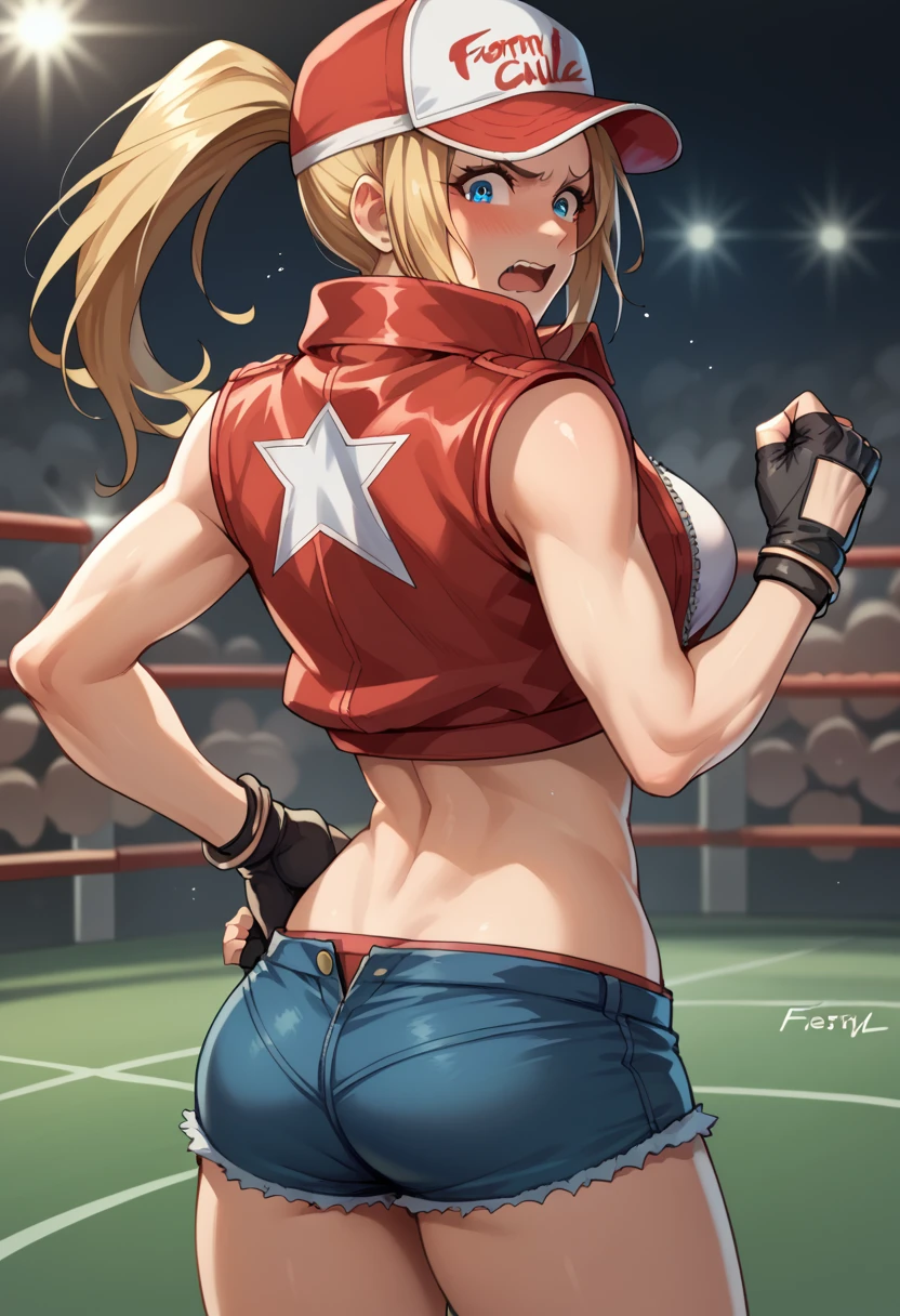 score_9, score_8_up, score_7_up, 1girl, solo,FCTerry, blue eyes, baseball cap, ponytail, cropped jacket, white undershirt, partially unzipped, midriff, fingerless gloves, shorts, blushing, nervous, open mouth wavy mouth, arms retracted, clenched fists, bowed legs, standing, looking at you, fighting arena, ass from behind