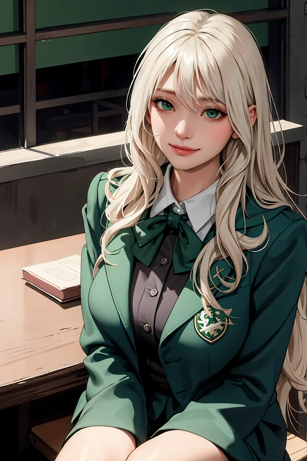 (masterpiece:1.2, Highest quality), (live-action, Intricate details), 1 Female, alone, Upper Body, Show off your legs, Sitting, School, School settings, Long Hair, Minimal makeup, Detailed face, smile, Very long platinum blonde hair, bangs, Hair between the eyes, Green Eyes, ((Large plump breasts, Big Breasts)), software, Clothes, Slytherin, Slytherin Clothes, Hogwarts, Hogwarts clothing, (School classroom), (Face close-up)