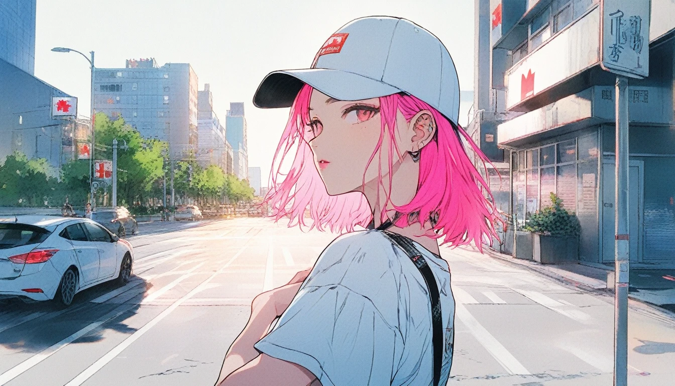 Illustrator, anime , Realistic ,sketch ,1 Girl, ,lip, T-shirt,order,Textured Trim, (masterpiece,Highest quality) , Neon Hair,Textured Trim, Canadian, (masterpiece,Highest quality) Cancer，Summer landscape、City、Hot sunshine