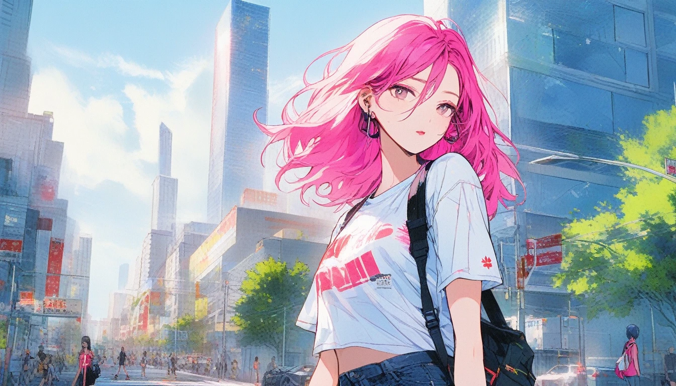 Illustrator, anime , Realistic ,sketch ,1 Girl, ,lip, T-shirt,order,Textured Trim, (masterpiece,Highest quality) , Neon Hair,Textured Trim, Canadian, (masterpiece,Highest quality) Cancer，Summer landscape、City、Hot sunshine