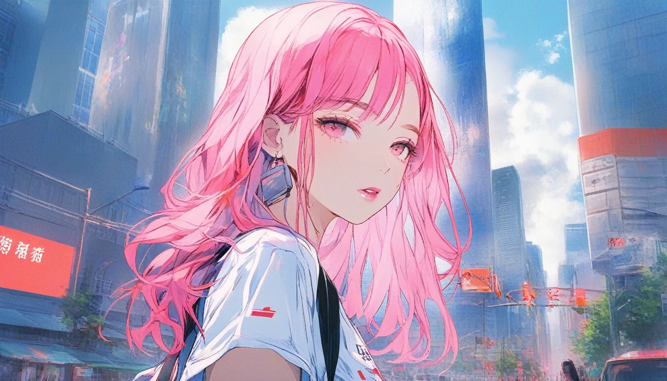 Illustrator, anime , Realistic ,sketch ,1 Girl, ,lip, T-shirt,order,Textured Trim, (masterpiece,Highest quality) , Neon Hair,Textured Trim, Canadian, (masterpiece,Highest quality) Cancer，Summer landscape、City、Hot sunshine