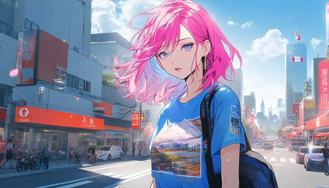 Illustrator, anime , Realistic ,sketch ,1 Girl, ,lip, T-shirt,order,Textured Trim, (masterpiece,Highest quality) , Neon Hair,Textured Trim, Canadian, (masterpiece,Highest quality) Cancer，Summer landscape、City、Hot sunshine