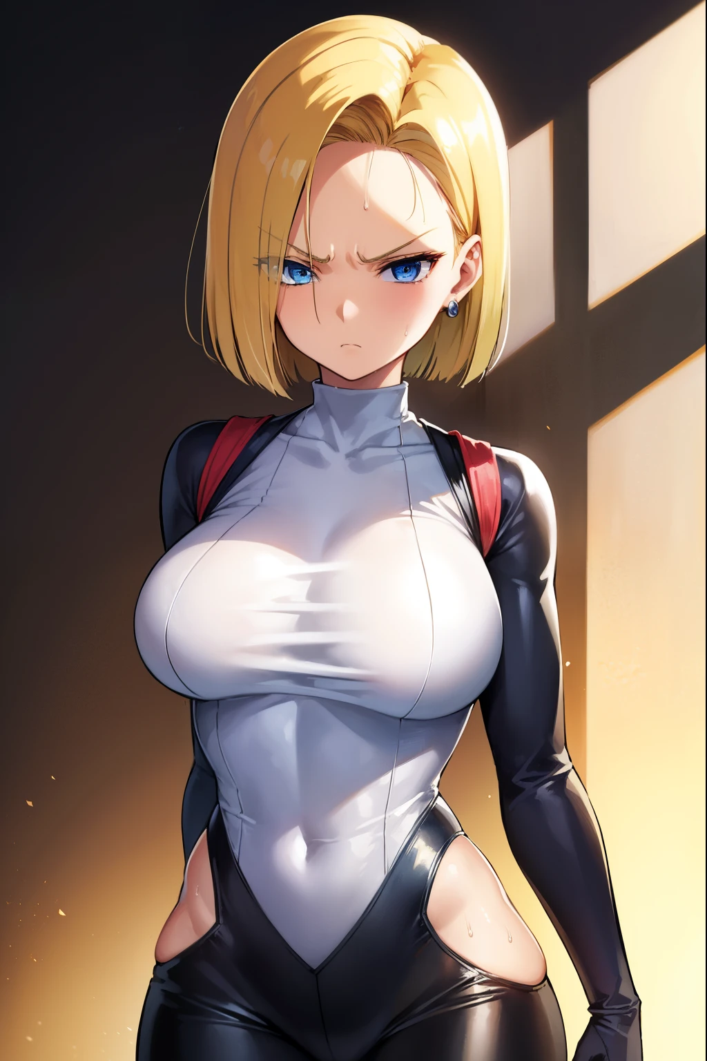 highest quality, High resolution, AND18, 1 girl, android 18, alone, golden hair, blue eyes, short hair,earrings,big breasts, frown,troubled face, Sweat,1 girl, Black tight suit, streak,looking at the viewer,