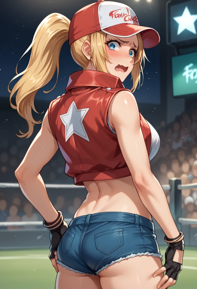 score_9, score_8_up, score_7_up, 1girl, solo,FCTerry, blue eyes, baseball cap, ponytail, cropped jacket, white star on jacket, white undershirt, midriff, fingerless gloves, shorts, blushing, nervous, open mouth wavy mouth, hand on ass, grabbing own ass, bowed legs, standing, looking at you, fighting arena, ass from behind