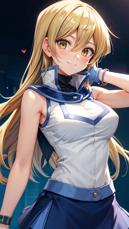 masterpiece, best quality, highres, heart hair ornament, ta1,blonde hair,long hair,yellow eyes, white jacket, sleeveless, blue skirt,tight skirt , miniskirt,fingerless gloves,smile,big tits  ,looking at viewer,top view,(standing), bracelet, Cyber city,blue neon lights,((perfect face)),perfect body, perfect , high definition,blush,((upper body))