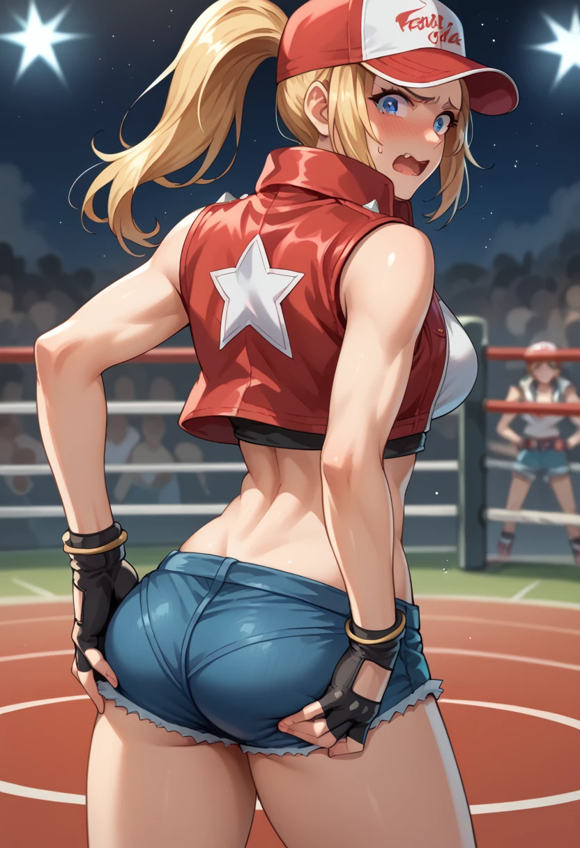 score_9, score_8_up, score_7_up, 1girl, solo,FCTerry, blue eyes, baseball cap, ponytail, cropped jacket, white star on jacket, white undershirt, midriff, fingerless gloves, shorts, blushing, nervous, open mouth wavy mouth, hands on ass, grabbing own ass, bowed legs, standing, looking at you, fighting arena, ass from behind