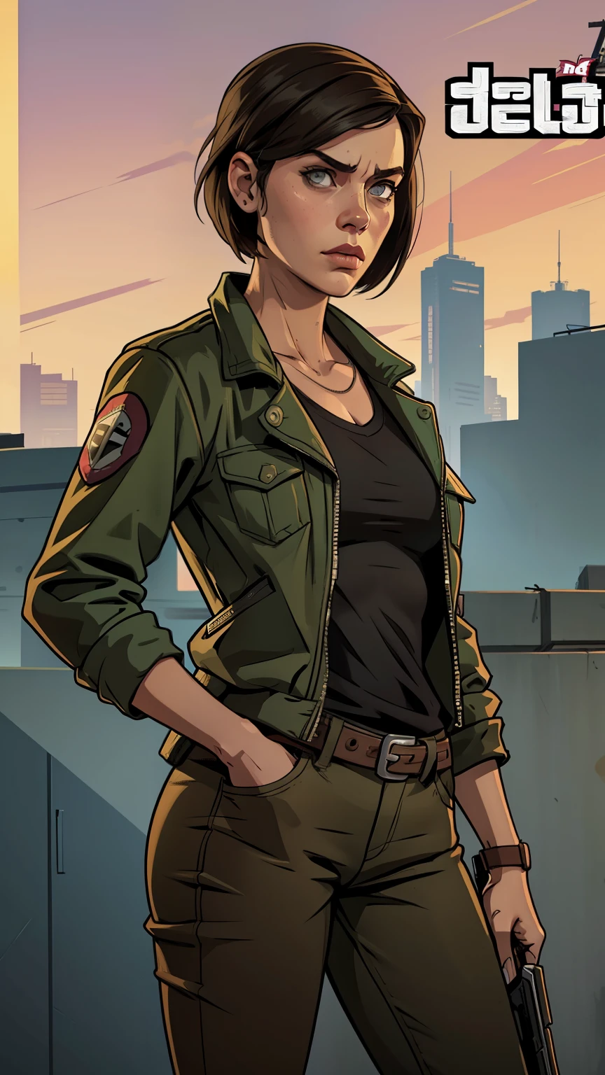 gta style, GTA loading screen, gta art, (((standing alone))), 1 girl, 1 girl, alone, retrato de meio corpo, Retrato de Maggie de TWD, Lauren Cohan&#39;s face, in O estilo de The Walking Dead , fantasia meggies de The Walking Dead, The Walking Dead style clothes, (((natta, natta))) , highy detailed, face detailed, epic, High definition shooting, digitalportrait, comely, art station, comic style, ((hot body, hot girl, sensuous, sexly)), comic, O estilo de The Walking Dead. ((a background destroyed city with zombies, zombies)).