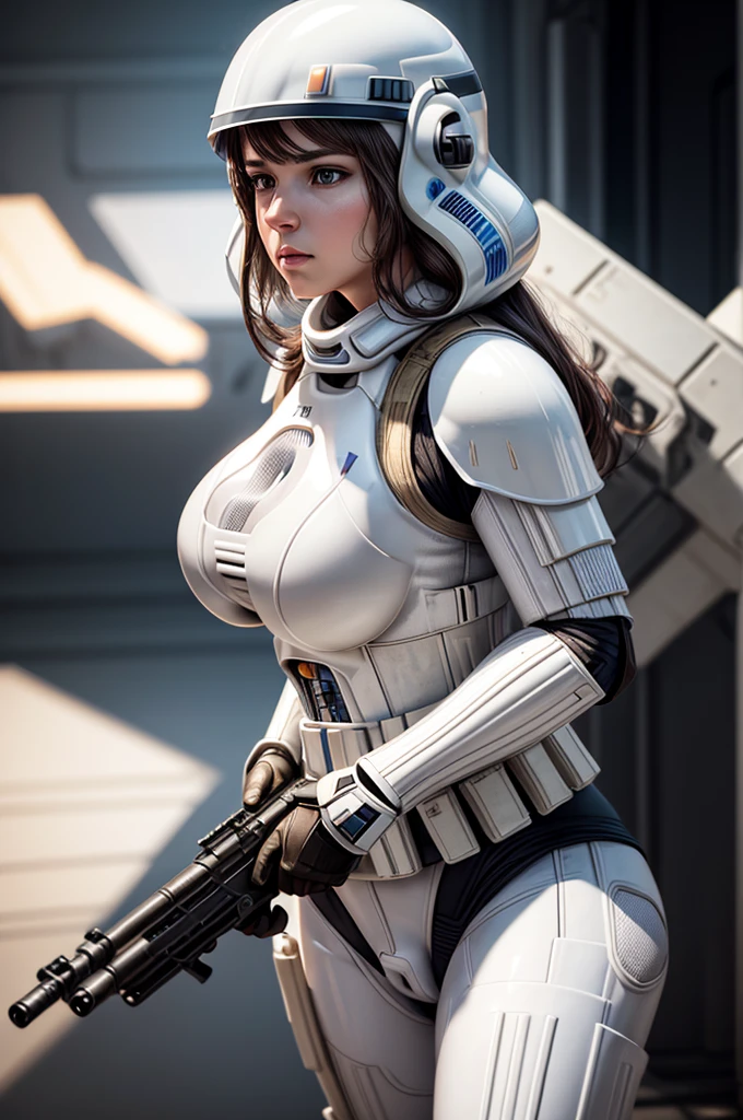 des mains parfaites, doigt parfait,Anatomie parfaite, chef-d&#39;œuvre, Meilleure qualité,Réaliste, hyperRéaliste, 16k hdr,1 femelle mature,,Stormtrooper féminin dans Star Wars,armure,casque blanc intégral,damaged white armure,(gros seins:1.2),pose de combat,(tenant un pistolet:1.2)