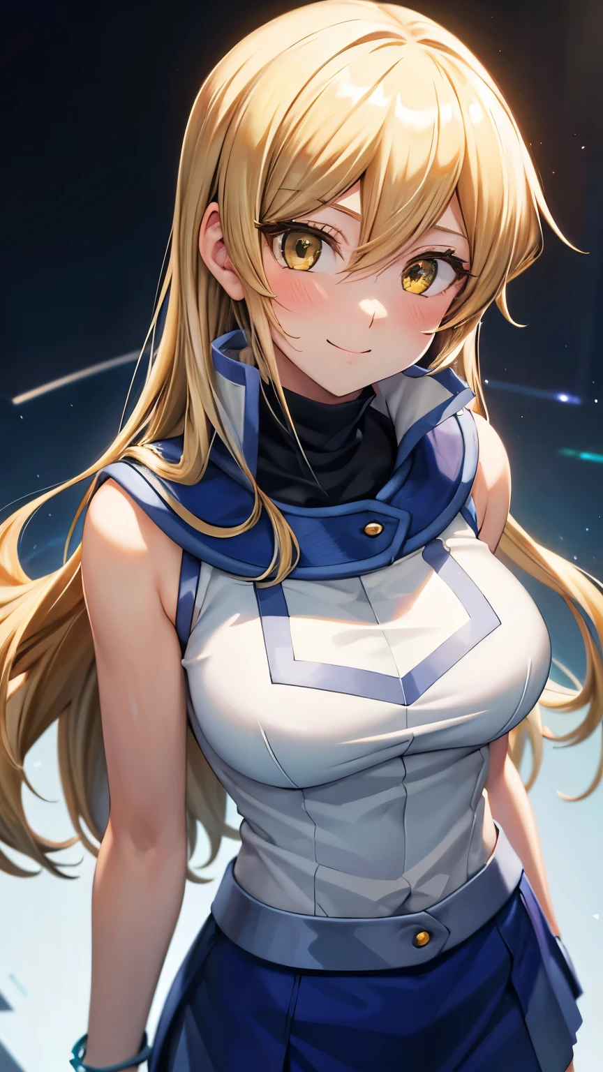 masterpiece, best quality, highres, heart hair ornament, ta1,blonde hair,long hair,yellow eyes, white jacket, sleeveless, blue skirt,tight skirt , miniskirt,fingerless gloves,smile,big tits  ,looking at viewer,top view,(standing), bracelet, Cyber city,blue neon lights,((perfect face)),perfect body, perfect , high definition,blush,((upper body))