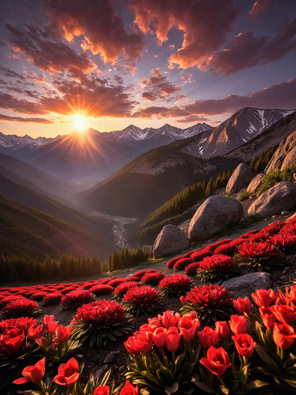 sunrise，red light，beautiful view of the mountains，the future of floriculture in the rocky mountains，wide-angle professional phot...