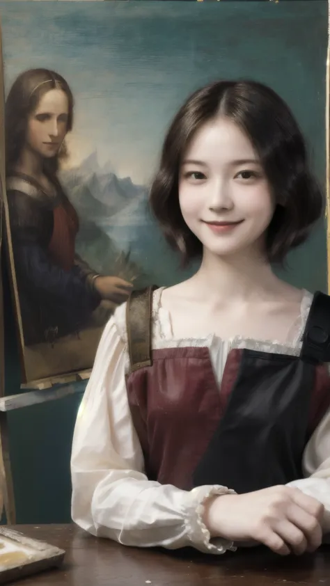 260 20-year-old female, (short hair),(genuine), smile,  (paintings by leonardo da vinci)