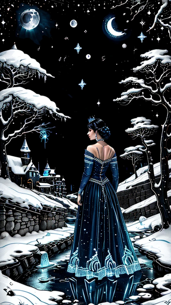 night, ((1 girl)), alone, masterpiece, 8k wallpaper, highres, absurdres, high quality background, short hair, black hair, multicolor hair, beautiful frozen village, (full bright moon), blue dress, detailed dress, jewelry dress, (magic:1.2), blue fire, blue eyes, glowing eyes, fire, ice goddess, (blue detailed beautiful crown), electricity, blue electricity, blue light particles