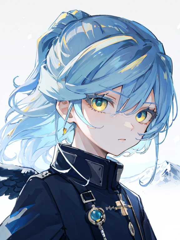 Best Quality、masutepiece、Ultra-detailed、face perfect、Extremely detailed、Extremely delicate、1 boy, (cute little), Angel, lightblue hair、half up、place々Blue Mesh、blue and yellow gradient eyes、Noble attire、Black coat、gray collared shirt、Black pants、snow mountains、snow blowing